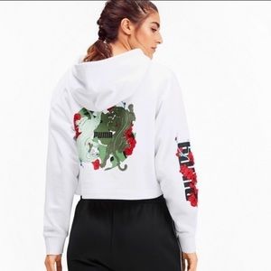 Puma White Sakura Japanese Logo Cropped Hoodie XS